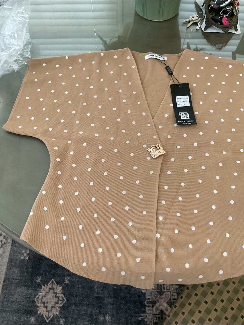 Polka Dot Beige Knit Top with Gold Button